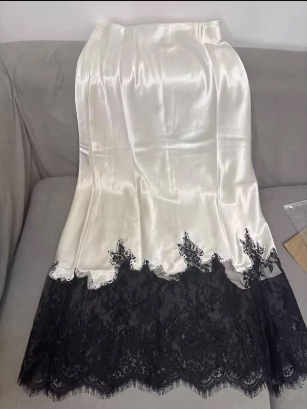 Fairy Lace-Trim Satin Midi Skirt High Waist Elegant Wrapped Hip Long Skirts