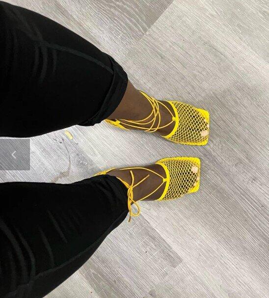 Fish Net Square Toe Heels Sandals Female Square Toe High Heel Lace Up High Heels