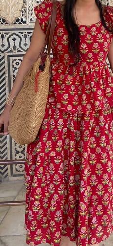"Penang" Frilled Hand Block Printed Red Cotton Dress