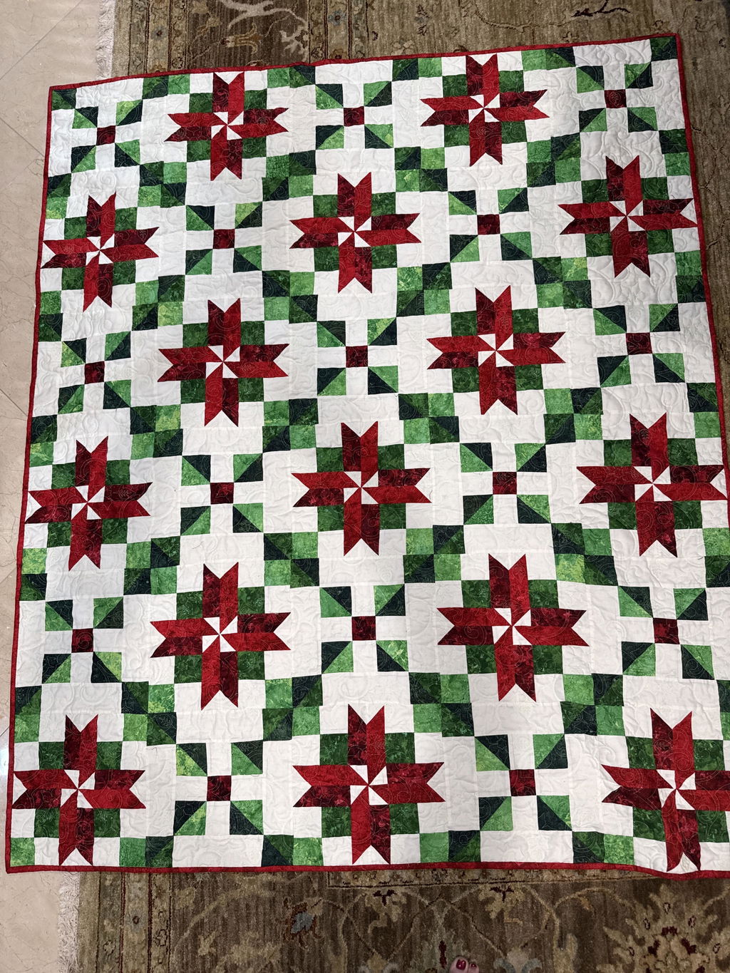 Peppermint Poinsettias Quilting Kit - Pre-Cut with Complete Backing & Binding - Experienced Beginner - 60x72 inches (throw) or 84x96 inches (queen) Finished Size