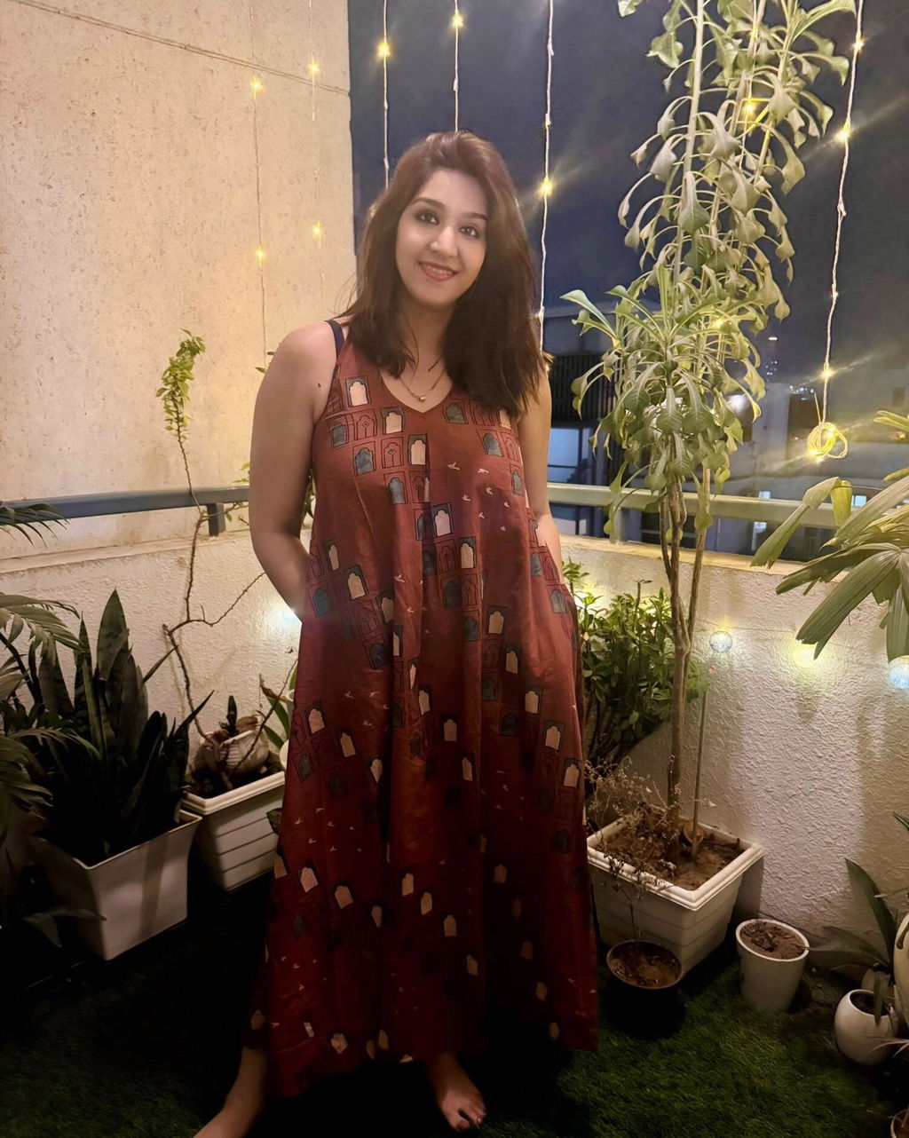 Jaipur Jharoka Brick Red Ajrakh Cotton A Line Dress