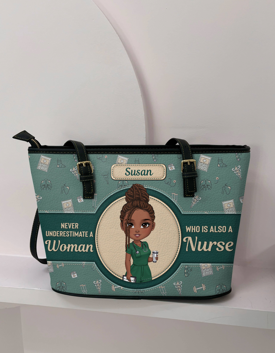 Never Underestimate A Nurse - Personalized Custom Nurse Leather Tote Bag