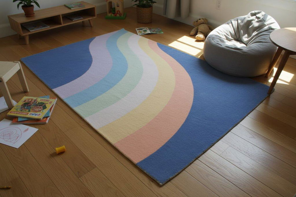 Retro Navy Blue Pastel Rainbow Wave Area Rug – Handmade Kids Nursery Rug
