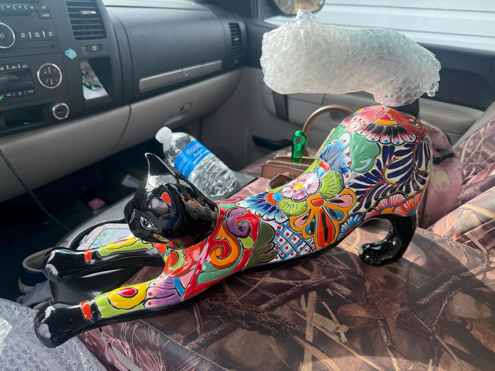 Talavera Stretching Cat Figurine | Multicolor Art