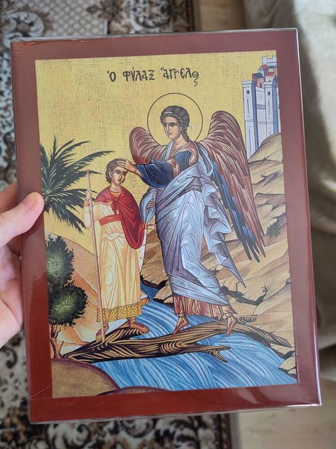 Guardian Angel icon, Handmade Greek Orthodox icon Protector Archangel, Byzantine art wall hanging on wood plaque religious icon gift - Archangel Icon