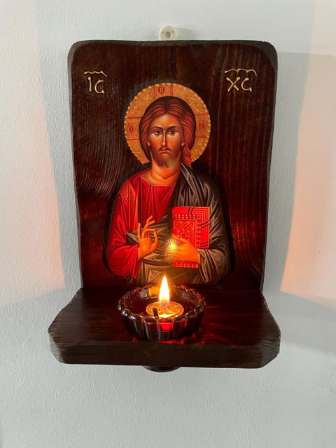 Christian Iconostasis with Jesus Christ, Handmade Mount Athos Orthodox shrine with Our Lord,Byzantine altar wall hanging wood plaque - Altar Shrine