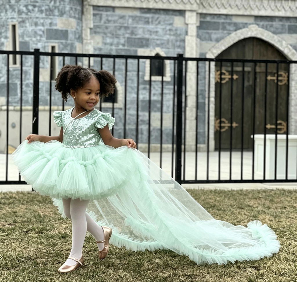 TinyTulle Mint Green Princess Flower Girl Dress with Sequin Bow & Detachable Train