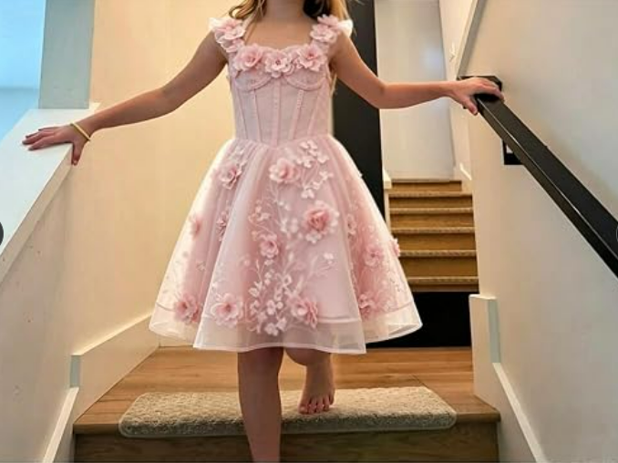 TinyTulle Exquisite 3D Floral Lace Appliqué Flower Girl Dress with Oversized Bow