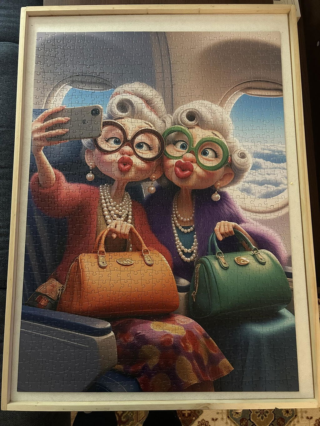 Stylish grandmothers taking airplane selfie Jigsaw Puzzle