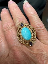 Filigree Genuine Amazonite and Amethyst Gemstone Ring