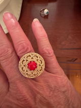 Vintage Gold Over Bronze Dome Ring with Filigree and Gemstone
