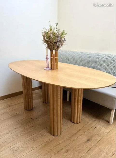 Kavon Oval Dining Table Architectural Column Design Mid Century Modern Scandinavian Inspired Solid Wood Legs Natural Finish Dining Furniture for Dining Room