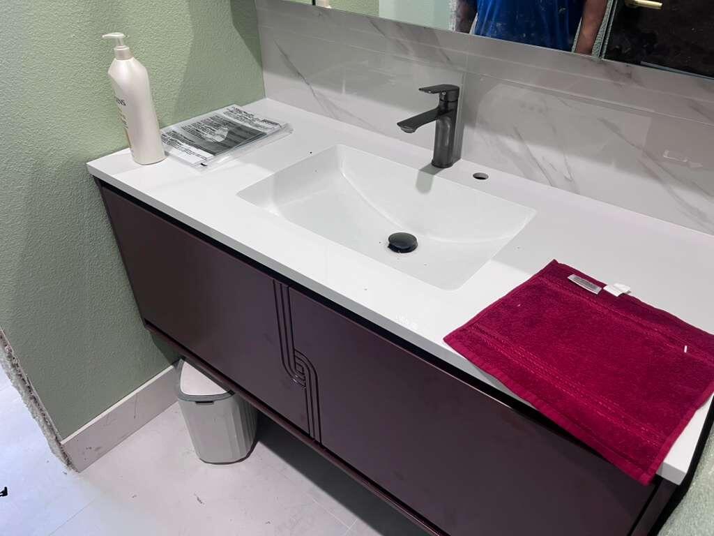 Modern Bath Vanity Set, Brown, White Slate Top, 36"- 72", Single/Double, Floating, Sensor Light, Smart LED Mirror, Rear Cabinet