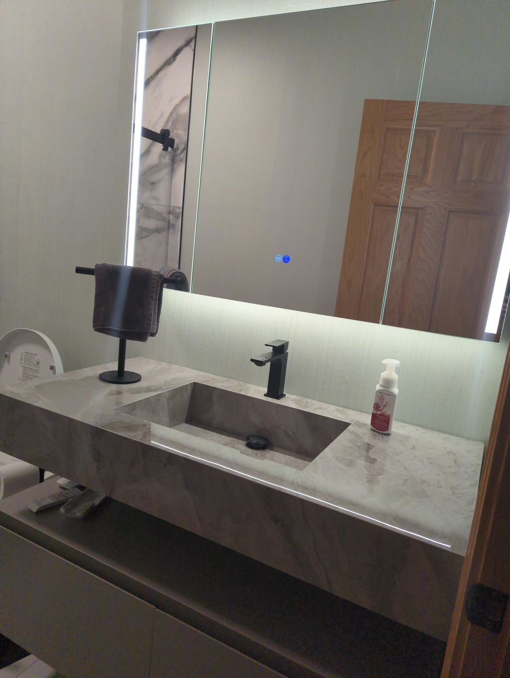 Modern Bath Vanity Set, Gray, Beige Slate Top, Open Storage, 36"- 64", Single, Floating, Smart LED Mirror, Rear Cabinet