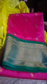 Maharani Paithani Saree Silk Blend with Copper Zari Border and Peacock Pallu, 6 Meter Saree for Wedding, Festivals | Neha Hot Pink & Rama