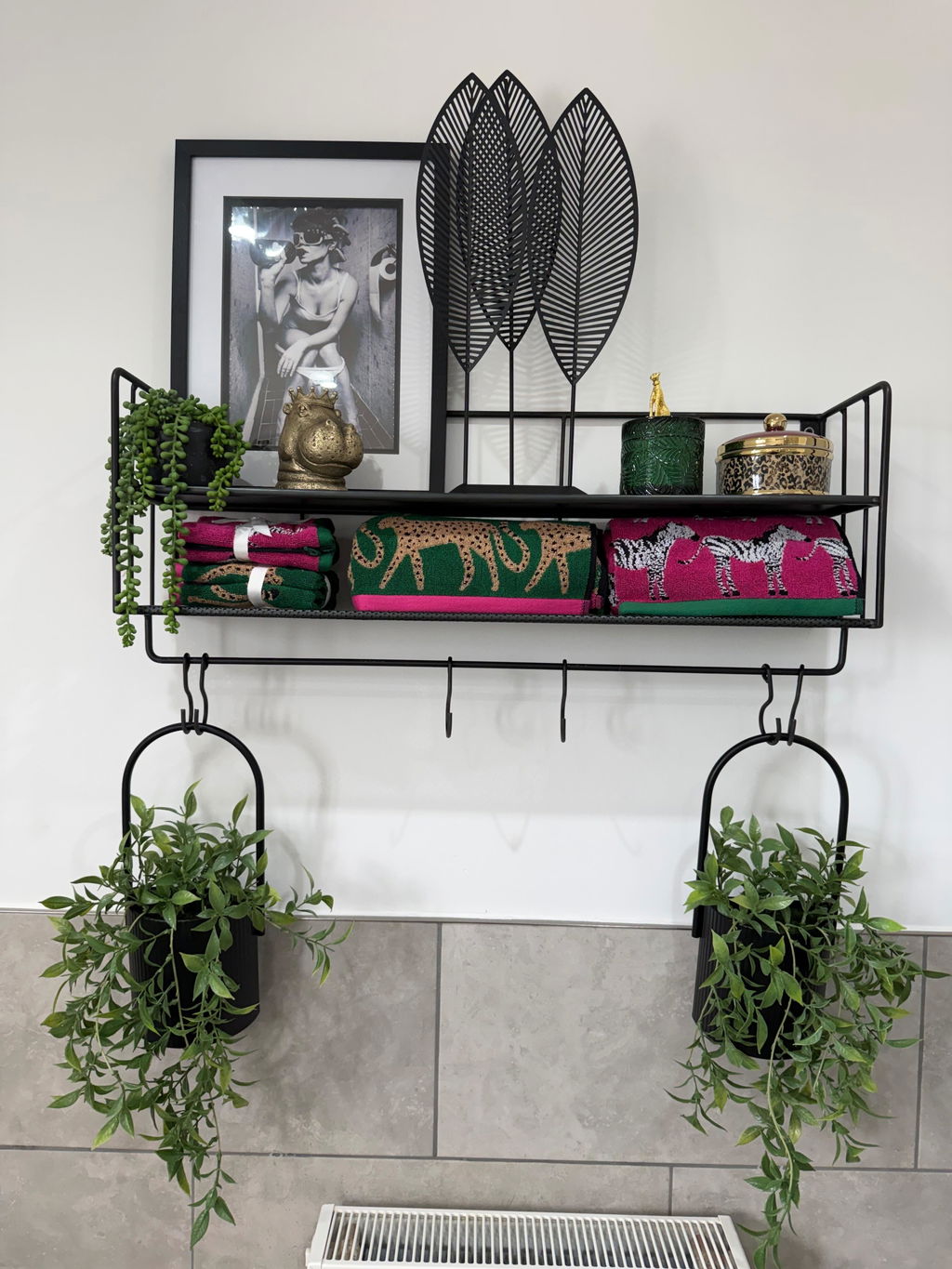 Industrial Wall Shelf with Hooks - Distressed
