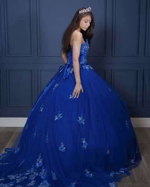 Strapless Sleeveless Flower Appliques Royal Blue Sweet 15 Quinceanera Dress WQ1267
