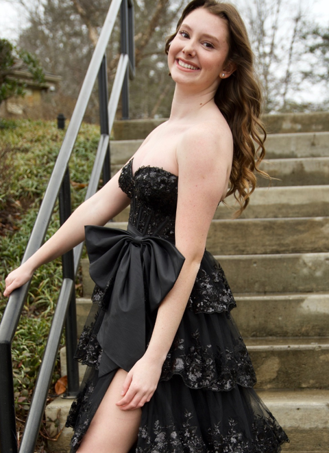 A-Line Strapless Lace Sequins Apliques Bow Knot High Side Slit Prom Dress WU1041