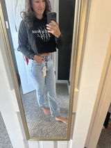 Risen Tummy Control High Rise Crop Straight Cuffed Jeans, medium light wash
