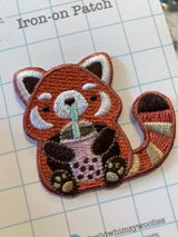 Bubble Tea Red Panda Embroidered Iron-On Patch