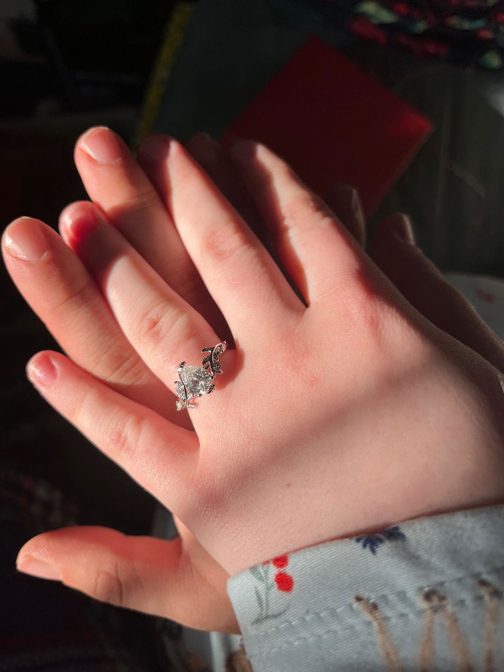 Vintage pear IGI Lab grown diamond engagement ring solid 14k yellow gold leaf branch five stone nature inspired promise bridal ring set women
