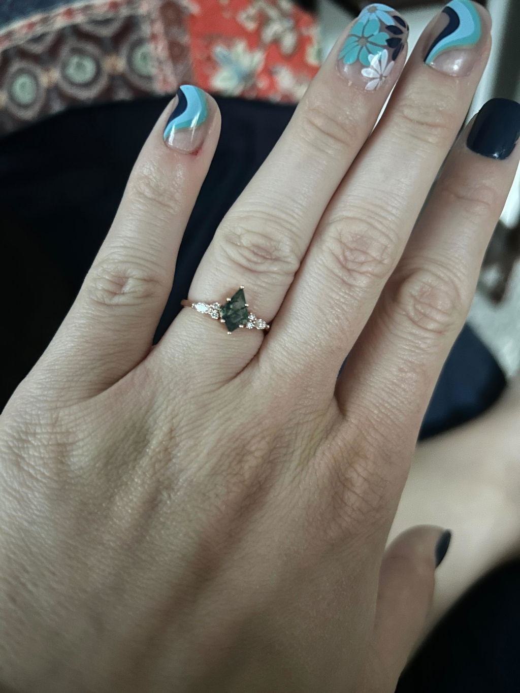 Vintage kite cut green moss agate engagement ring set 14k rose gold marquise cut moissanite ring for women unique bridal wedding ring set