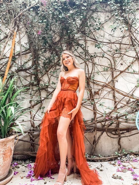 Rust Strapless Lace Sweetheart Thousand Layers Tulle Slits A-line Evening Gowns Prom Dresses, WGP224