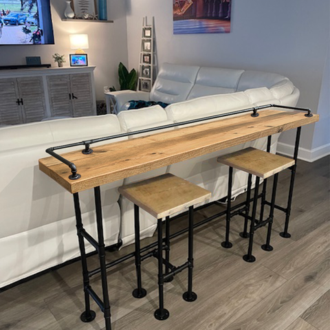 2" Thick Industrial Pipe Bar Table- Rustic Livingroom Table Solid Wood Table Behind Couch