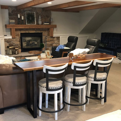 "Onegrain" Counter High Bar Table — Custom Size Single-Slab Live Edge Narrow Kitchen Table with Steel Legs
