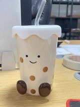 Cute Footed Ceramic Straw Mug with Lid - 450ML